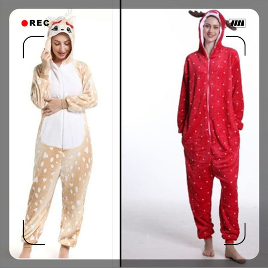 Pijama Navideño de Franela — Diseño Reno y Mariposa, Manga Larga